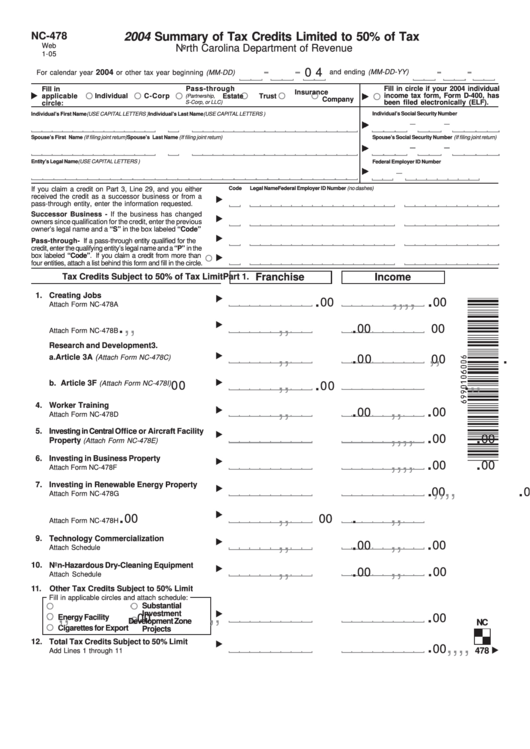 Form Nc-478 - 2004 Summary Of Tax Credits Limited To 50 Percent Of Tax Printable pdf