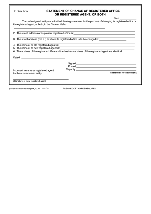 Fillable Statement Of Change Of Registered Office Or Registered Agent, Or Both - Idaho Secretary Of State Printable pdf