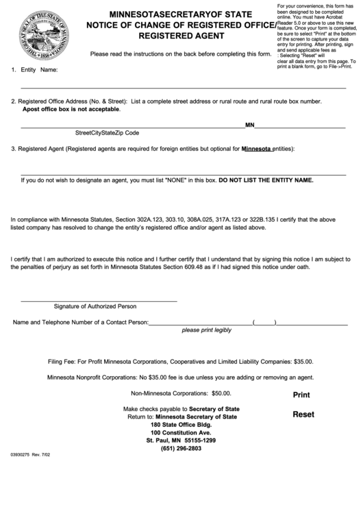 Fillable Notice Of Change Of Registered Office Form - Minnesota Secretary Of State - 2002 Printable pdf