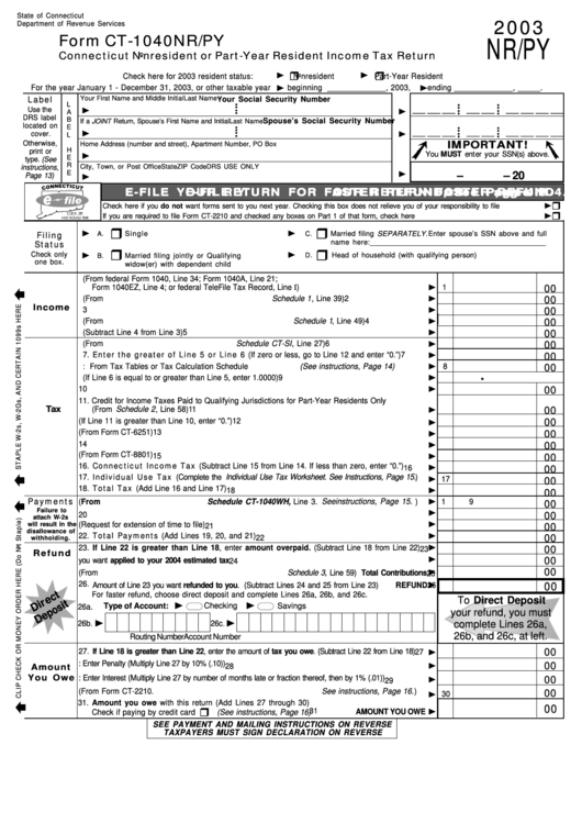 Form Ct-1040nr/py - Nonresident Or Part-Year Resident Income Tax Return - 2003 Printable pdf