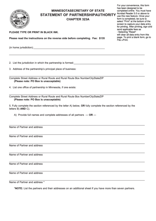 Fillable Form 10980534 - Statement Of Partnership Authority Chapter 323a Printable pdf