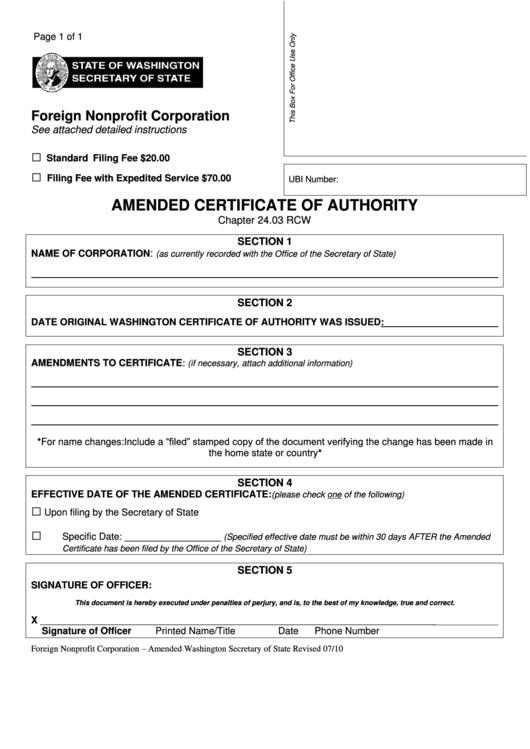 Fillable Amended Certificate Of Authority Form - Foreign Nonprofit Corporation Printable pdf