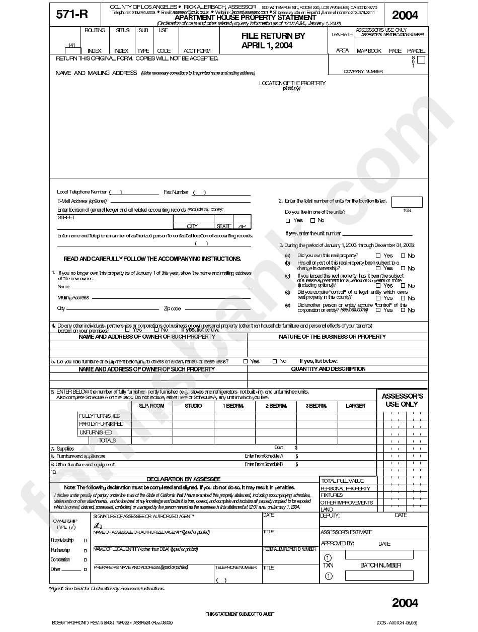 Form 571-R - Apartment House Property Statement Form 2004