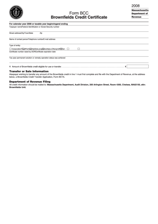 Form Bcc - Credit Certificate - Brownfields Printable pdf