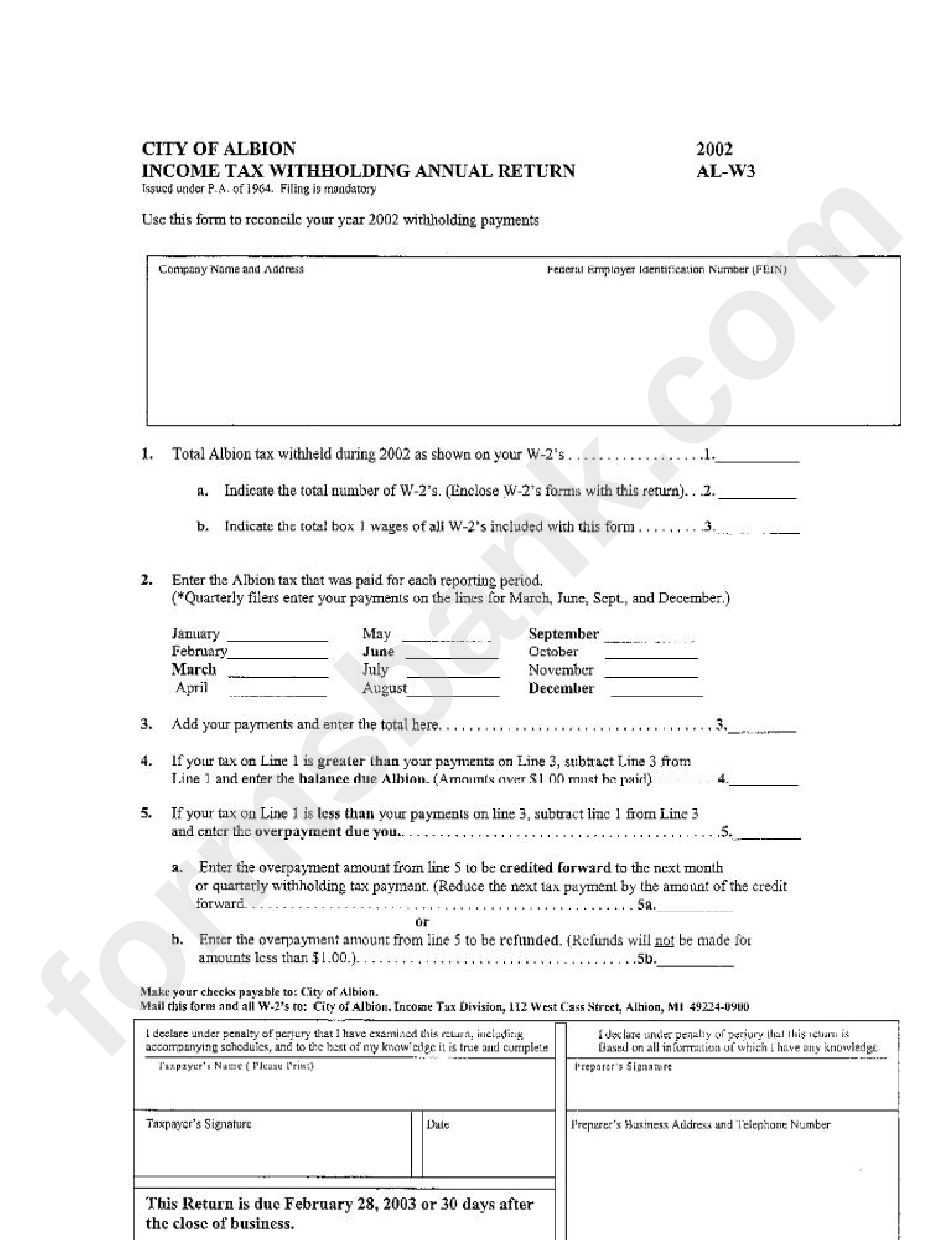Form AlW3 Tax Withholding Annual Return 2002 City Of Albion