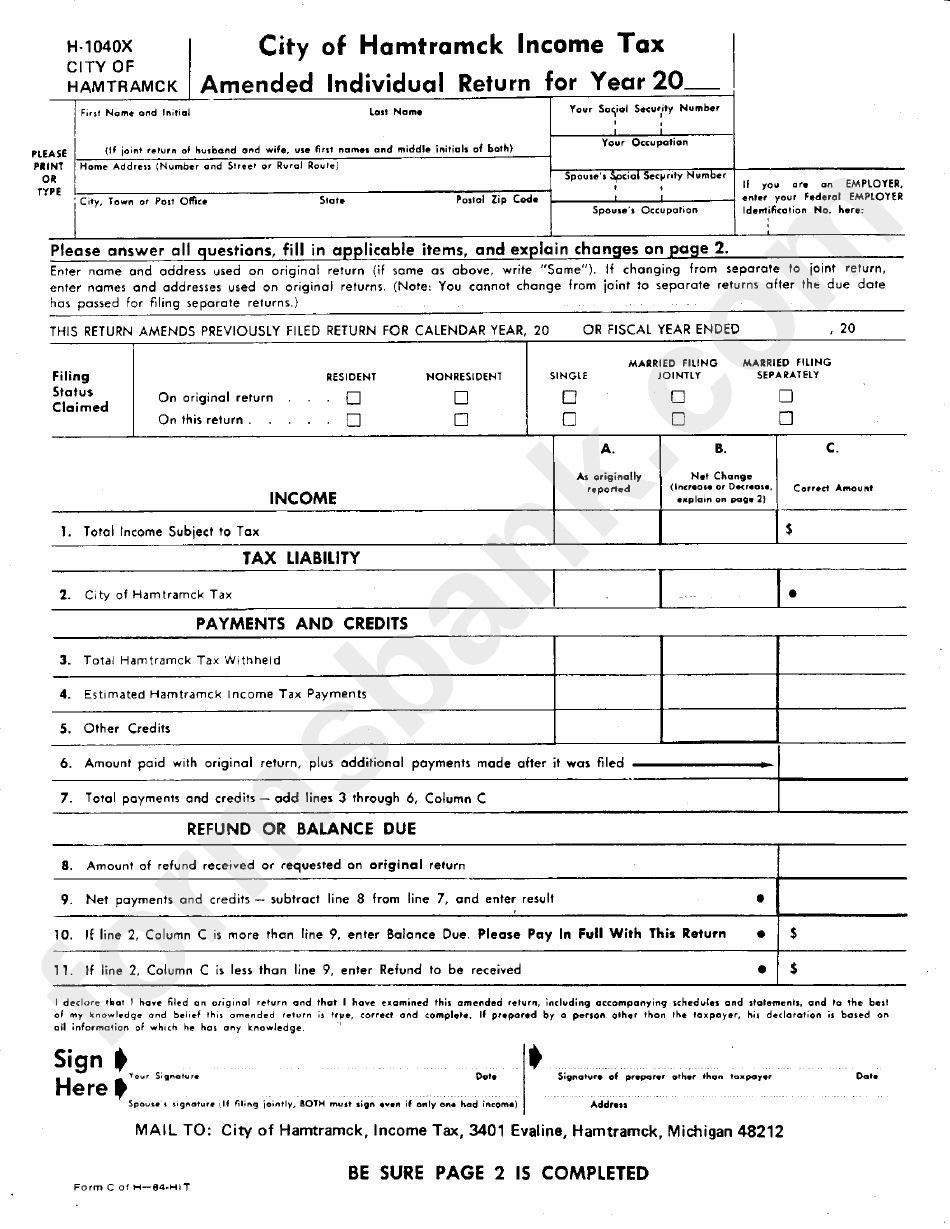 Form H-1040x - Amdended Individual Return - City Of Hamtramck