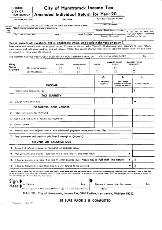 Form H-1040x - Amdended Individual Return - City Of Hamtramck Printable pdf