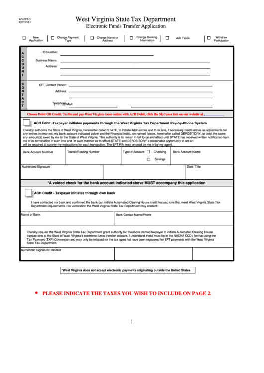Form Wv/eft-5 - Electronic Funds Transfer Application Printable pdf