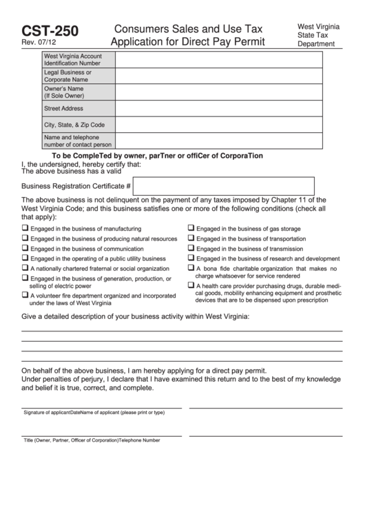 Form Cst-250 - Consumers Sales And Use Tax Application For Direct Pay Permit Printable pdf