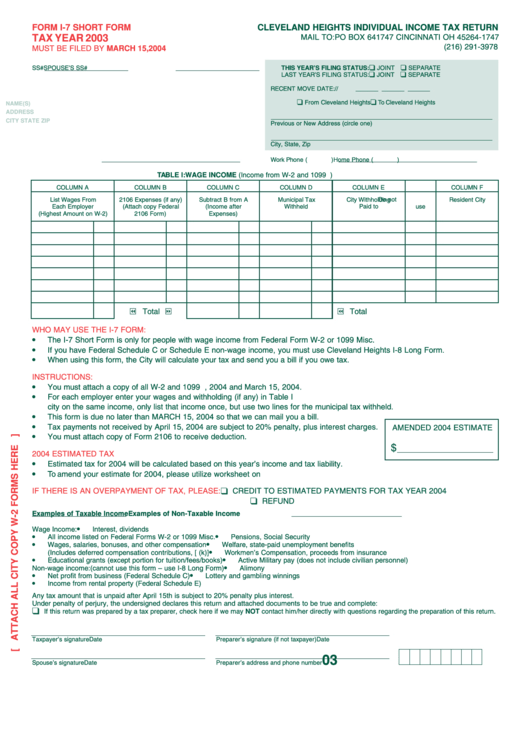 Form I-7 Short Form - Cleveland Heights Individual Income Tax Return - 2003 Printable pdf
