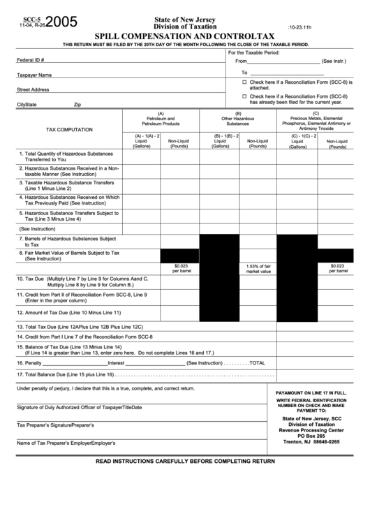 Fillable Form Scc-5 - Spill Compensation And Control Tax - 2005 Printable pdf