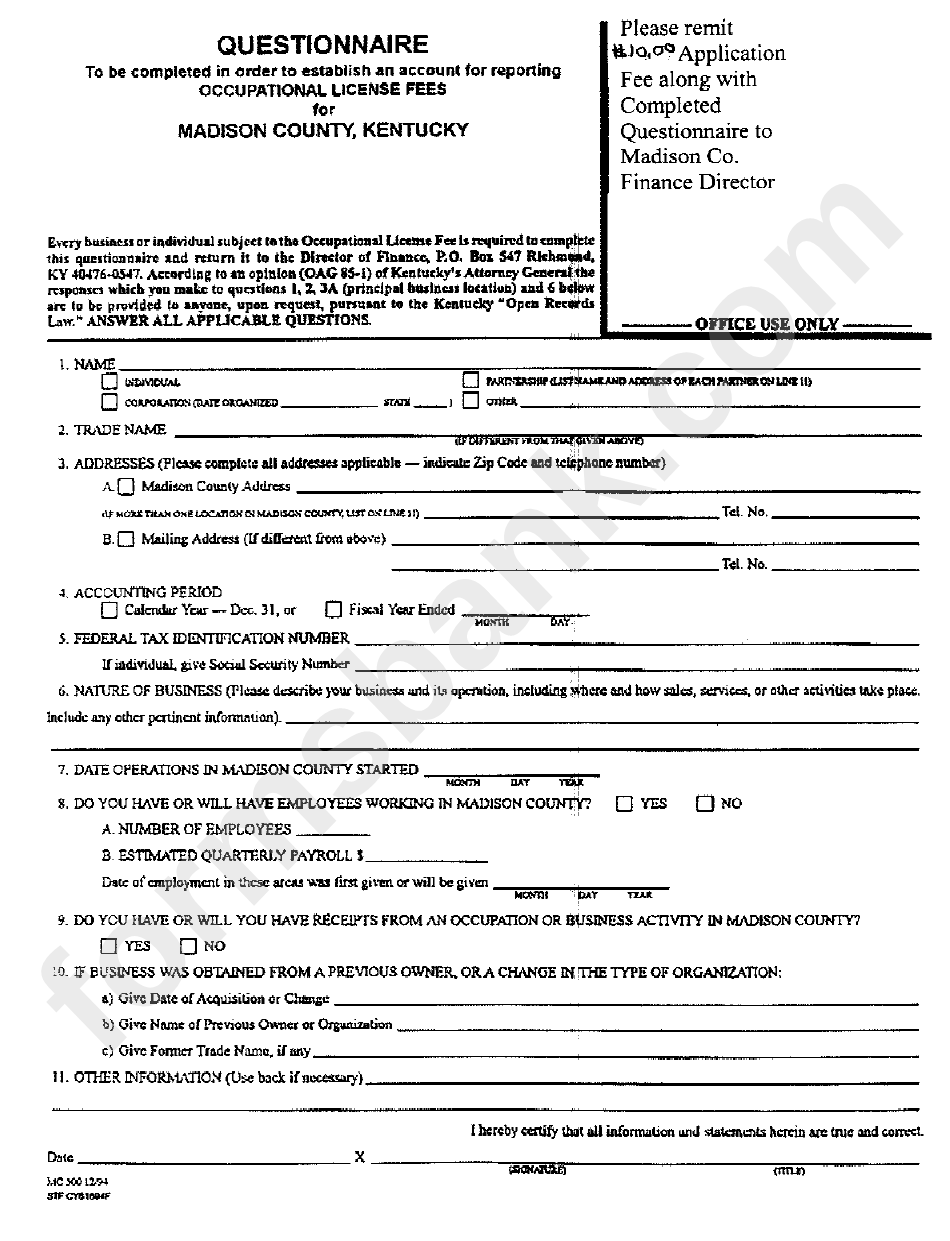 Questionnaire Of Occupational License Fees - Madison County, Kentucky