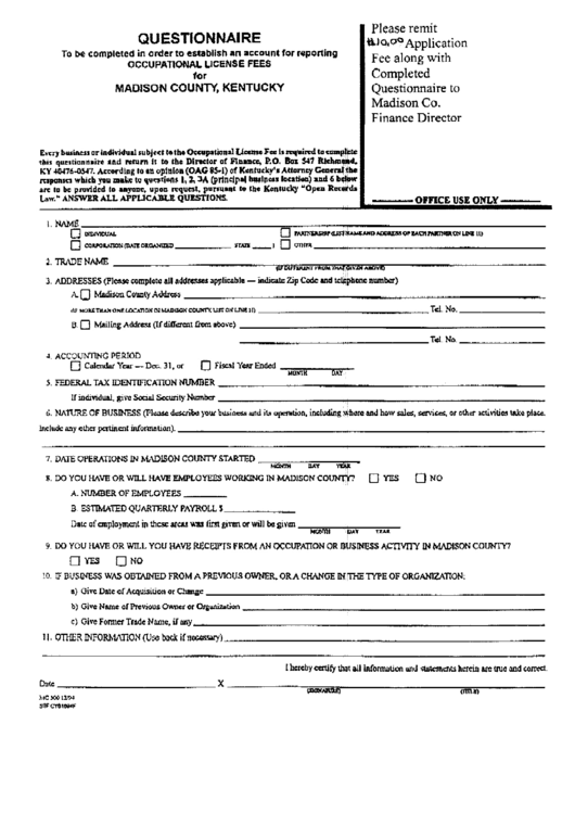 Questionnaire Of Occupational License Fees - Madison County, Kentucky Printable pdf