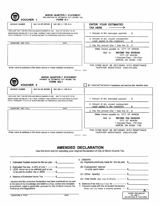 Form D-1 - Declaration Of Estimated City Income Tax - Akron Quarterly Statement Printable pdf