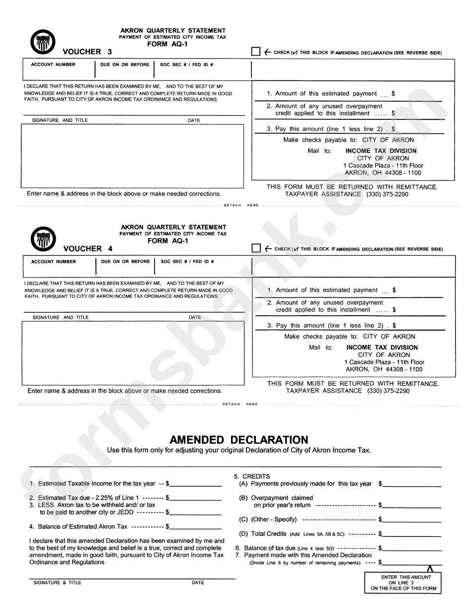 Form D-1 - Declaration Of Estimated City Income Tax - Akron Quarterly Statement