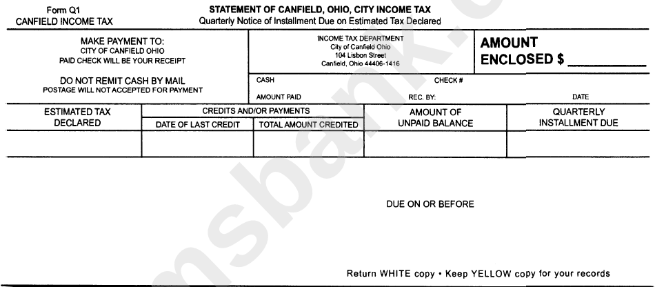 Form Q1 - Statement Of City Income Tax - City Of Canfield