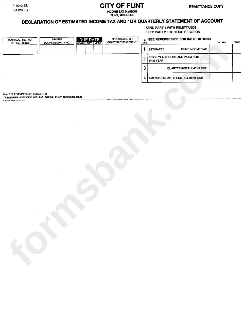 Form F-1040 Es - Declaration Of Estimated Income Tax