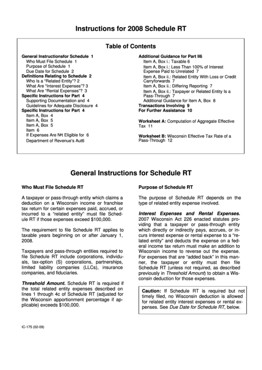 Instructions For 2008 Schedule Rt - State Of Wisconsin Printable pdf