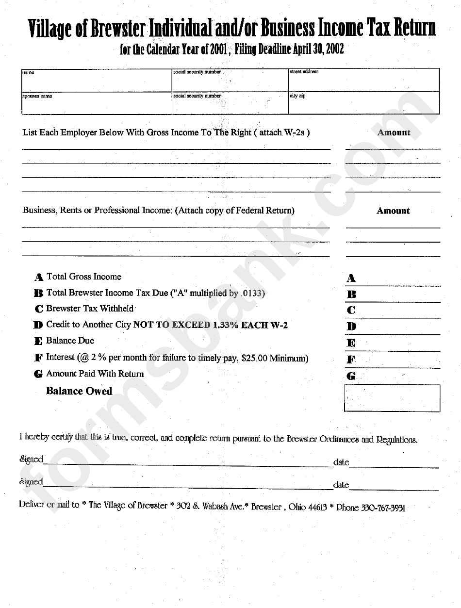 Individual And/or Business Income Tax Return Form - Village Of Brewster