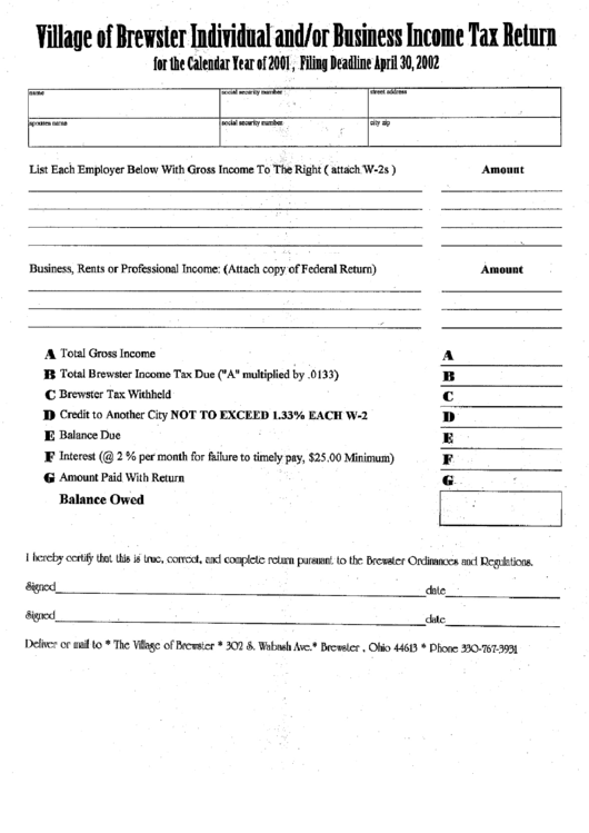 Individual And/or Business Income Tax Return Form - Village Of Brewster Printable pdf