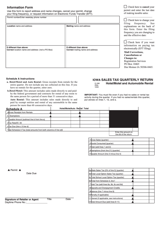 Form 31-090 Rf02 - Iowa Sales Tax Quarterly Return - Hotel/motel And Automobile Rental Printable pdf