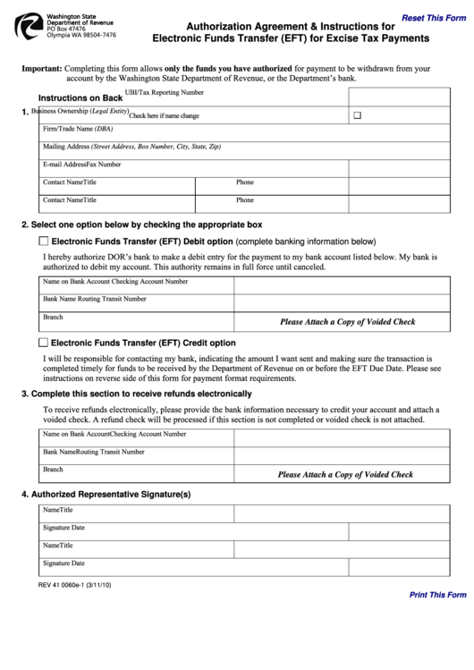Authorization Agreement Form & Instructions For Electronic Funds Transfer (Eft) For Excise Tax Payments Printable pdf