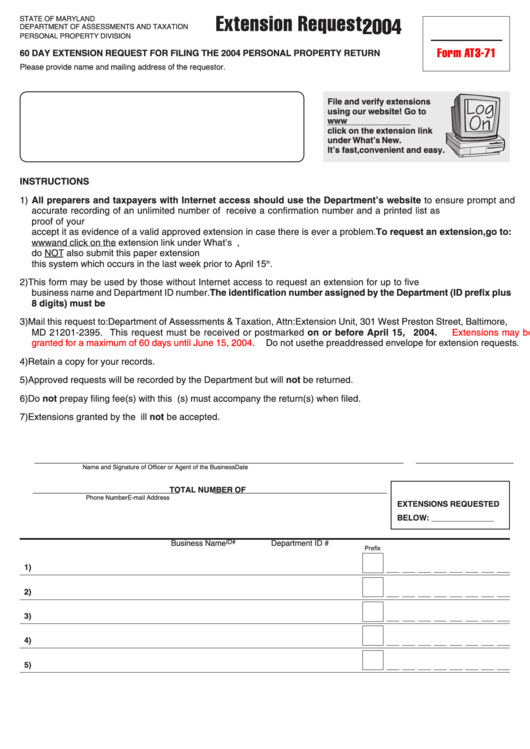 Fillable Form At3-71 - 60 Day Extension Request For Filing The 2004 Personal Property Return - Maryland Department Of Assessments And Taxation - 2004 Printable pdf