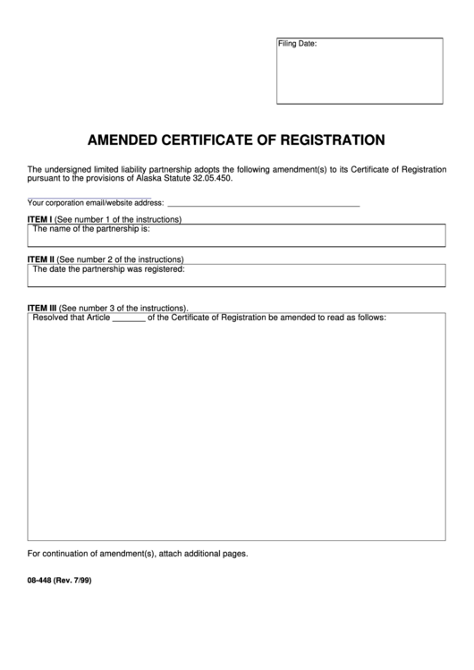 Fillable Form 08-448 - Amended Certificate Of Registration Printable pdf