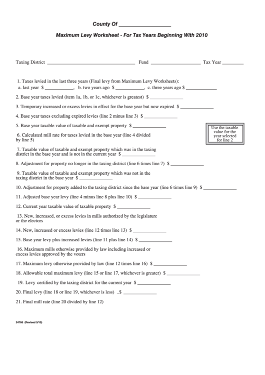 Form 24766 - Maximum Levy Worksheet - For Tax Years Beginning - 2010 Printable pdf