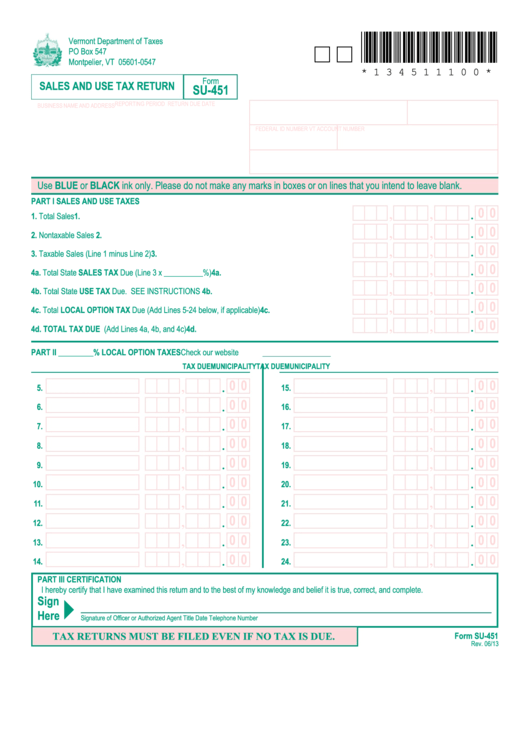 Form Su-451 - Sales And Use Tax Return - Vermont Department Of Taxes Printable pdf