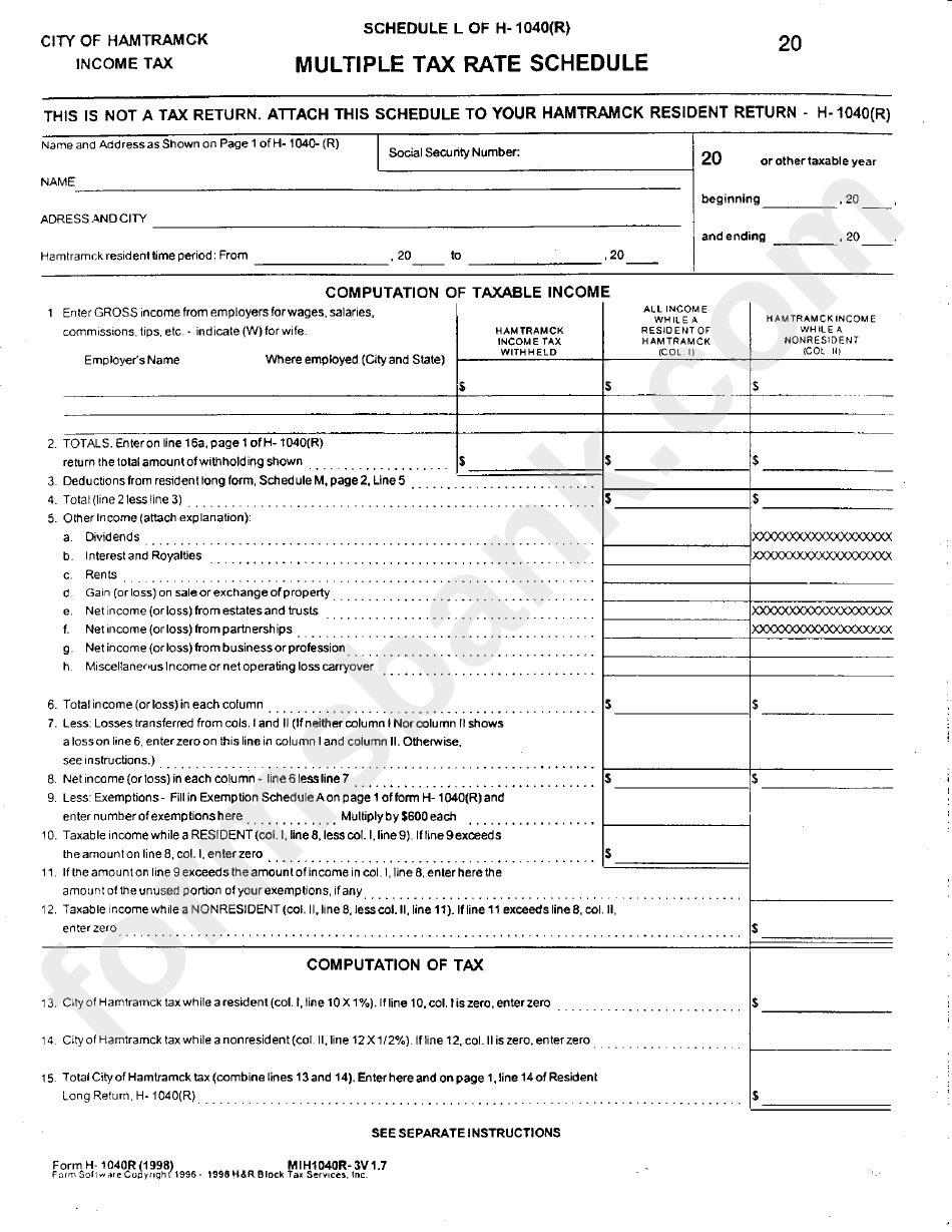 Form H-1040(R) - Schedule L - Multiple Tax Rate Schedule - City Of Hamtramck