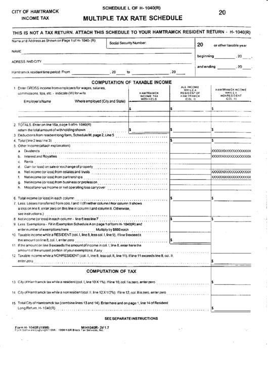 Form H-1040(R) - Schedule L - Multiple Tax Rate Schedule - City Of Hamtramck Printable pdf
