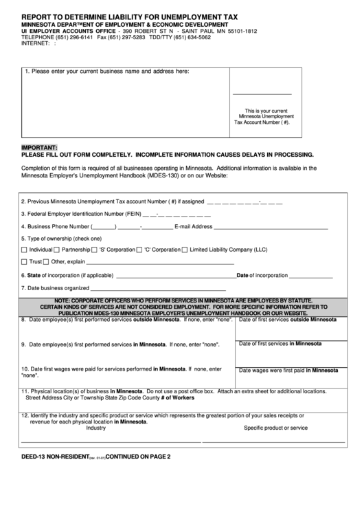 Form Deed-13 - Report To Determine Liability For Unemployment Tax - Non-Resident - 2001 Printable pdf