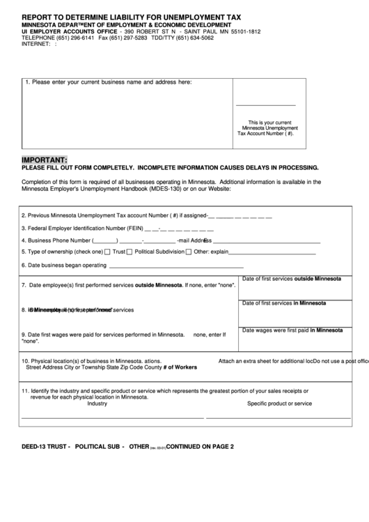 Form Deed-13 - Report To Determine Liability For Unemployment Tax - Trust - Political Sub - Other - 2001 Printable pdf