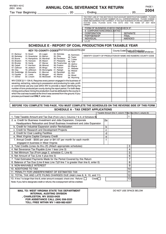 Form Wv/sev-401c - Annual Coal Severance Tax Return - 2004 Printable pdf
