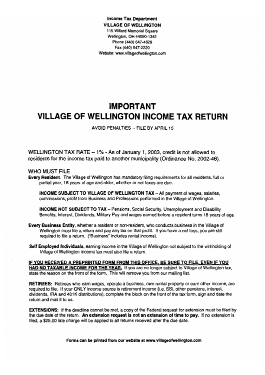 Instructions For Preparing Village Of Wellington Income Tax Return Form Printable pdf