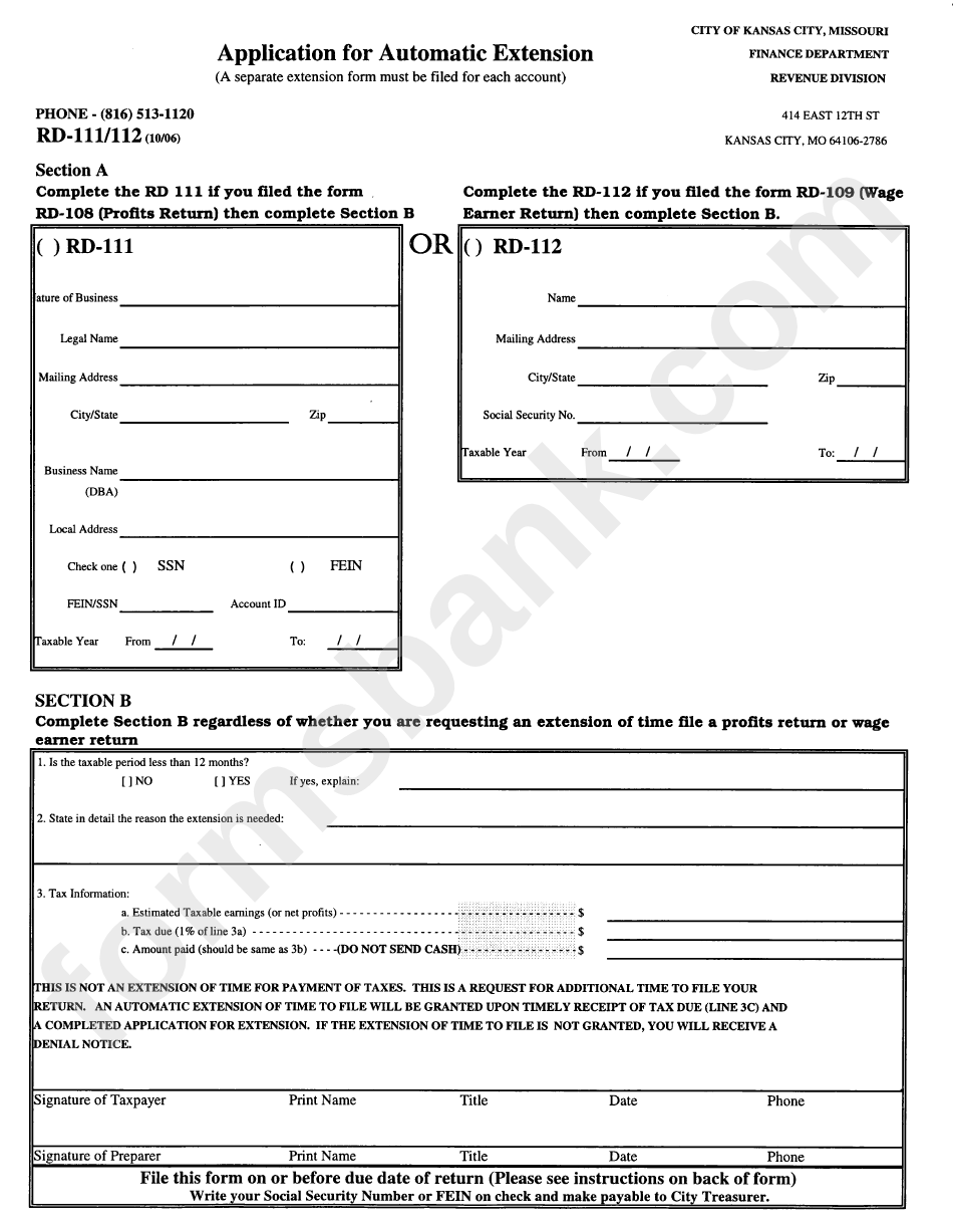 Form Rd-111/112 - Application For Automatic Extension - City Of Kansas City