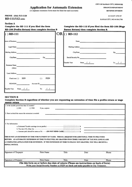 Fillable Form Rd-111/112 - Application For Automatic Extension - City Of Kansas City Printable pdf