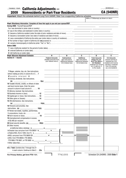Fillable Schedule Ca (540nr) - California Adjustments - Nonresidents Or Part-Year Residents - 2009 Printable pdf