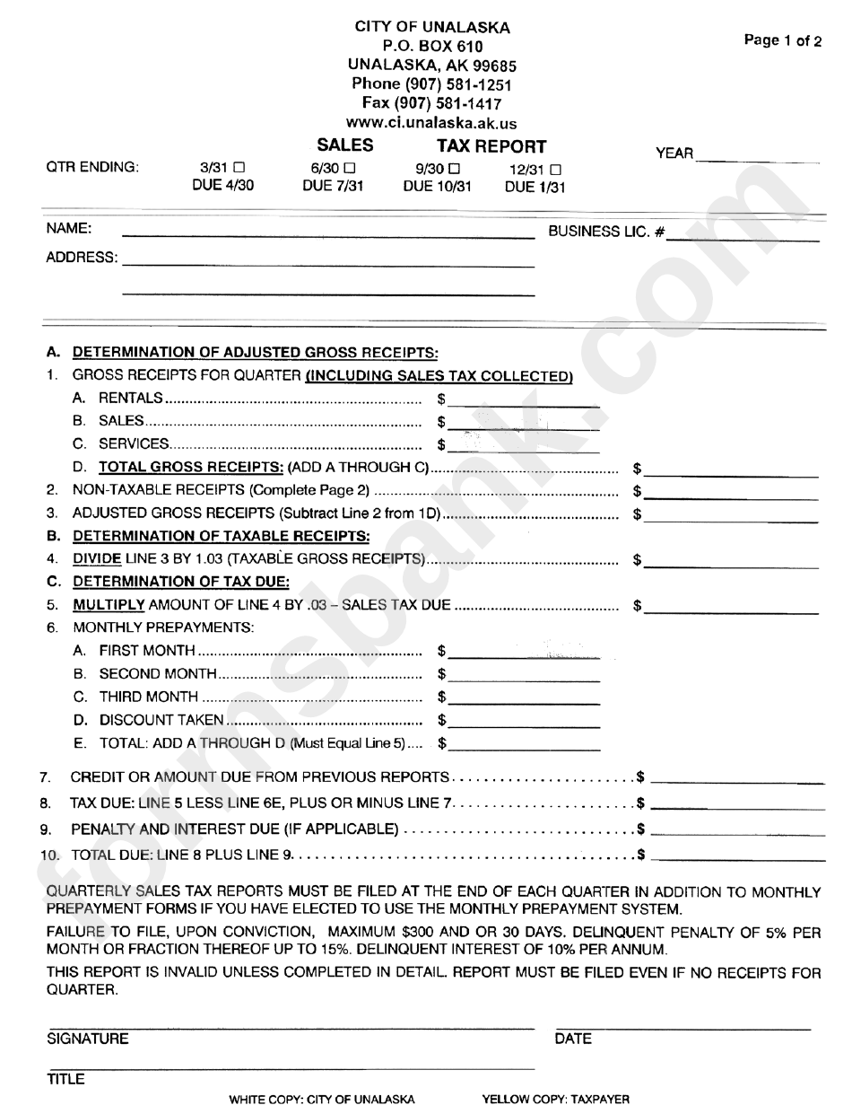 Sales Tax Report Form - City Of Unalaska printable pdf download