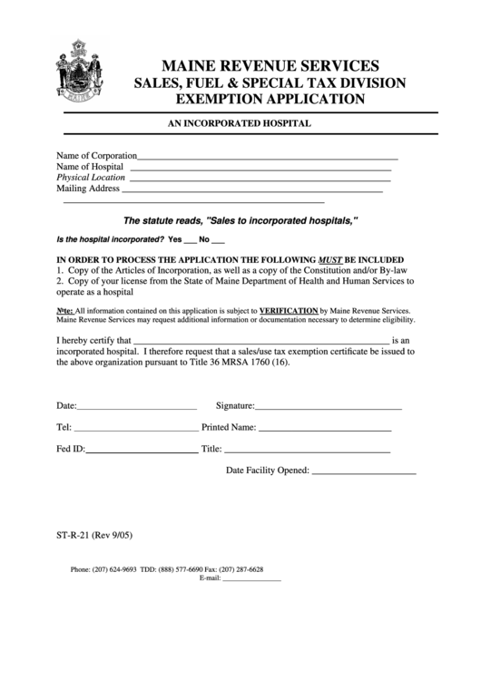 Form St-R-21 - Exemption Application - An Incorporated Hospital Printable pdf