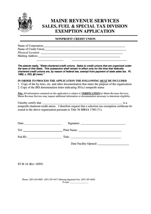 Form St-R-16 - Exemption Application - Nonprofit Credit Union Printable pdf