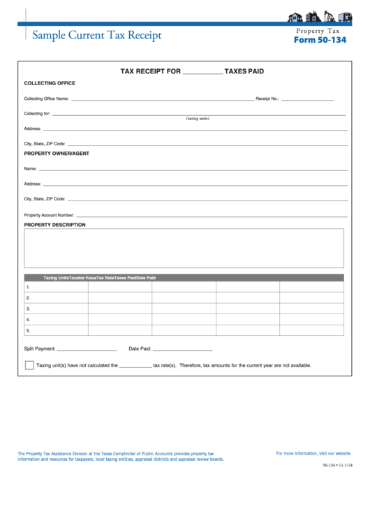 Form 50-134 - Sample Current Tax Receipt Printable pdf