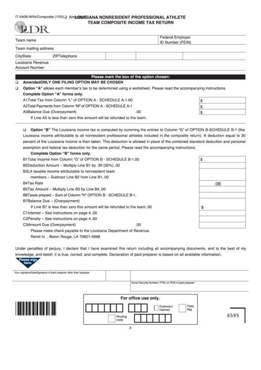 Fillable Form It-540b-Nra - Louisiana Nonresident Professional Athlete Team Composite Income Tax Return Printable pdf