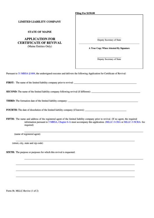 Fillable Form Mllc-Revive - Limited Liability Company Application For Certificate Of Revival Printable pdf