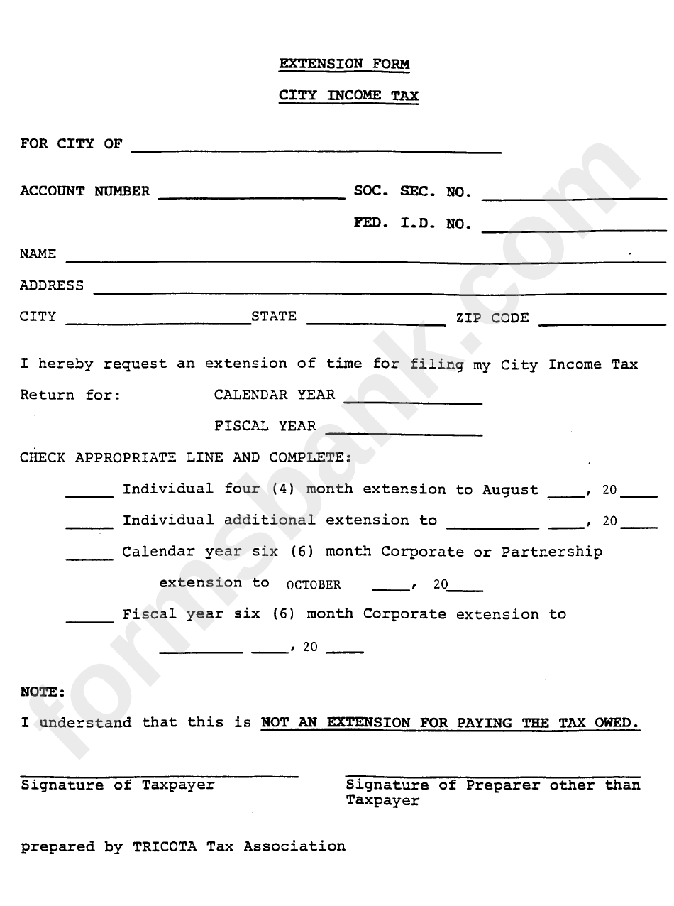 Extension Form - City Income Tax