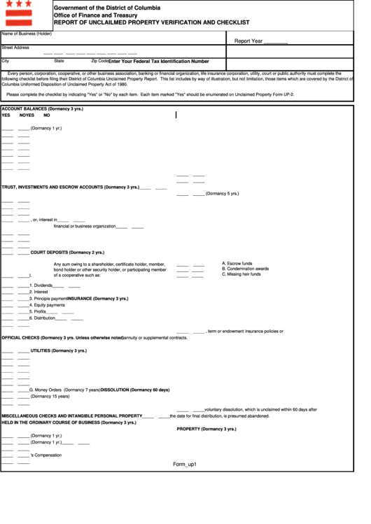 Form Up-1 - Report Of Unclailmed Property Verification And Checklist