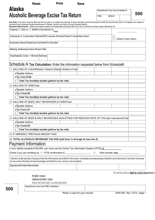 Fillable Form 500 - Alcoholic Beverage Excise Tax Return Printable pdf