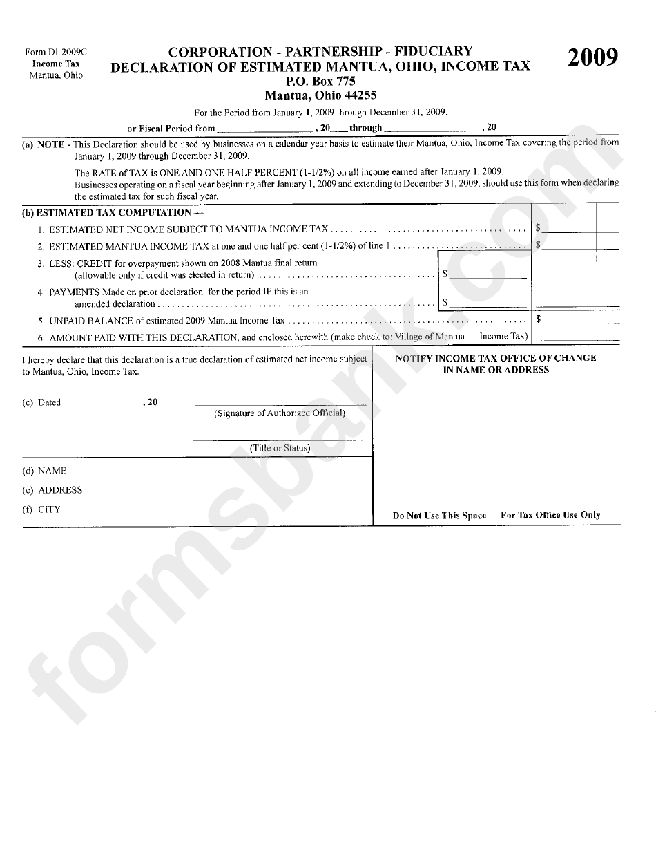 Form Di-2009c - Corporation - Partnewship - Fiducary Declaration Of Estimated Mantua, Ohio, Income Tax - 2009