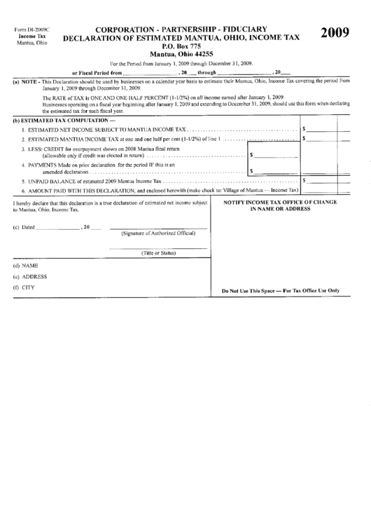 Form Di-2009c - Corporation - Partnewship - Fiducary Declaration Of Estimated Mantua, Ohio, Income Tax - 2009 Printable pdf